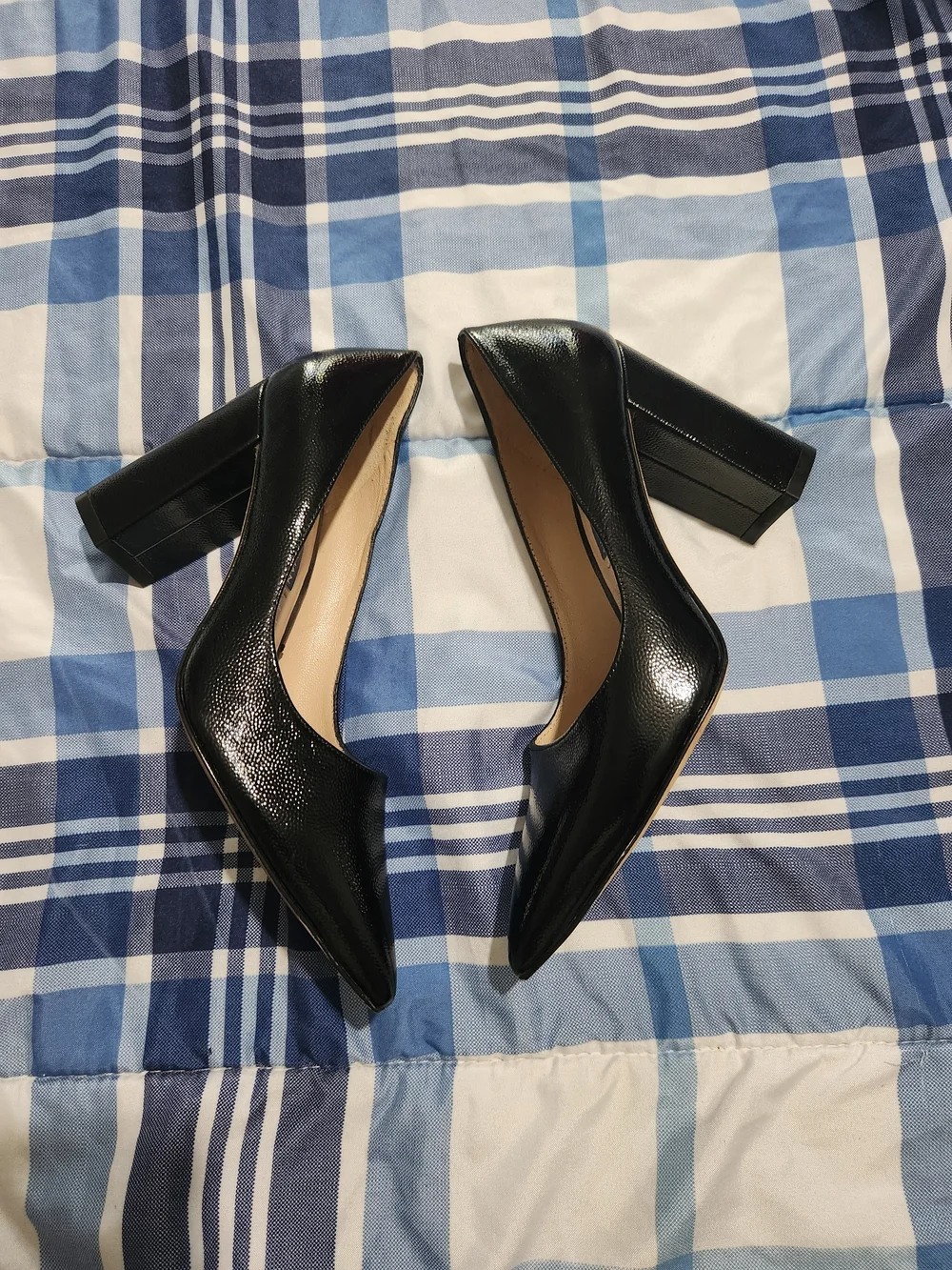 Stuart Weitzman Black Leather Pointed Toe Block Heel Pumps